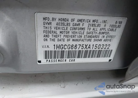 1999 Honda Accord Ex from USA, damaged, VIN 1HGCG6675XA150322